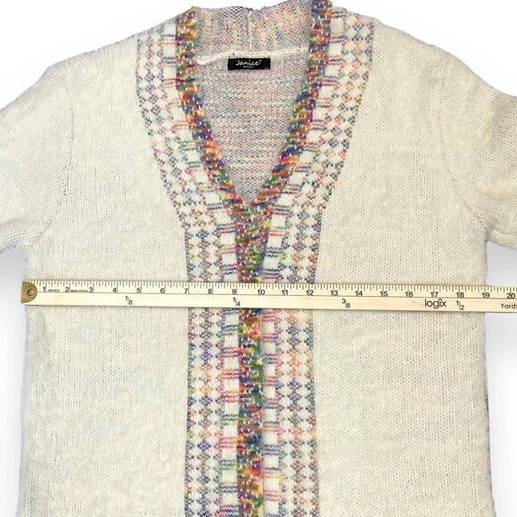 Janice Fuzzy Longline Cardigan Cream Southwestern Trim Fray Fringe Medium - Picture 12 of 14